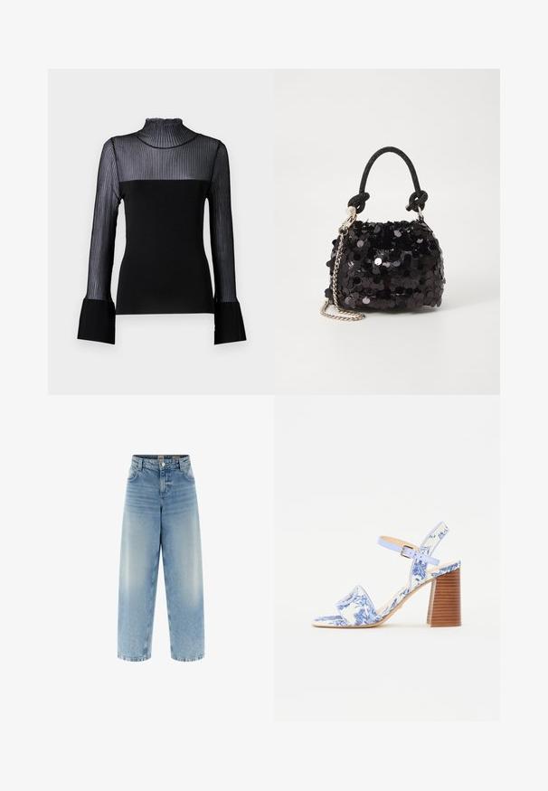 Malina MILLIE - Pikkade varrukatega topp - black; Laiad sinised teksad kõrge vöökohaga, heledama pesu ja kergelt pleekinud detailidega, topeltõmblustega õmblused ning ees nööpidega sulgemine.; Sinine lillemustriga sandaal ruudukujulise varbaga, laia riba ja reguleeritava pahkluu rihmaga, millel on tekstuuriga puidust plokk-kann.; Must have mustrõngus mustal sädelev mini käekotil on sõlme tekstuuriga rihm ja hõbedane ketis. Ümar kuju, kokku kogutud ülaosa ja peegeldav detail.