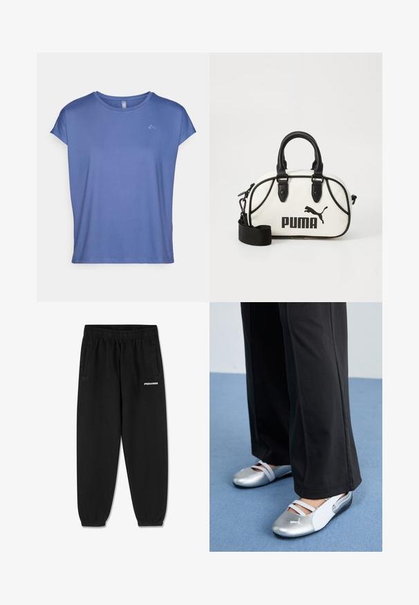 Koszulka z krótkim rękawem, okrągłym dekoltem w jasnoniebieskim kolorze, wykonana z gładkiego materiału. Posiada subtelne logo na piersi oraz luźny, komfortowy krój.; Czarne dresy wykonane z miękkiego materiału, z elastyczną talią na sznurki, zwężanymi nogawkami i bocznymi kieszeniami. Logo „PEGADOR” w białym kolorze z przodu.; Srebrno-białe płaskie buty z krzyżującymi się paskami i fakturowanym wykończeniem, zestawione z luźnymi czarnymi spodniami. Na tle niebieskiej podłogi.; Biała torebka z czarnymi akcentami, z logo Puma. Krótkie, zaokrąglone uchwyty oraz odpinany pasek, wykonana z teksturowanego materiału syntetycznego.