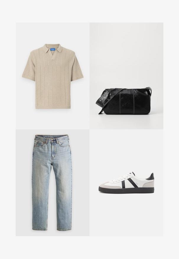 Polo en tricot beige à manches courtes avec un col en V, des motifs à rayures verticales et des bords côtelés. Tissu texturé léger.; Jean en denim bleu clair à taille haute, avec bouton avant, fermeture éclair et design à cinq poches, posé à plat sur un fond neutre.; Baskets blanches avec des accents noirs et gris, présentant un embout texturé gris, une semelle en caoutchouc noir et des lacets plats blancs. Design épuré, style minimaliste.; Sac à épaule en cuir noir avec une fermeture éclair, doté d'un corps texturé, de coutures blanches et d'une sangle avec des œillets en argent.