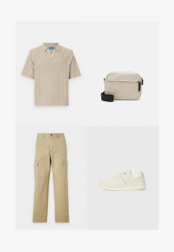Bežna polo majica kratkih rukava iz pletene tkanine, ki ima V-izrez, vertikalne črte in rebraste robove. Lahka teksturirana tkanina.; Bež hlače s cargo krojem iz bombaža, z dvema stranskima žeparm, gumbom za zapiranje in ravnimi nogavicami iz rahlo teksturirane tkanine.; Sneaker v kremni barvi s perforiranim detajlom, vezalkami in logotipom na strani, prikazan na enostavni beli ozadju.; Kremno obarvana kordna torbica za čez ramo z črnim zadrgo, snemljivim trakom in strukturiranim vzorcem. Ima en glavni predel in sprednji žep.