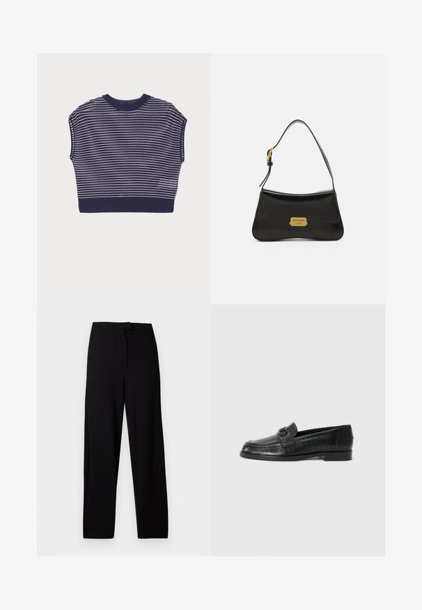 Μαρινό μπλε κοντό πουλόβερ με κοντά μανίκια, διαθέτοντας οριζόντιο ριγέ μοτίβο σε λευκό χρώμα. Μαλακή πλέξη και ριγέ γιακάς και τελείωμα.; Μαύρο παντελόνι σε καμπάνα φτιαγμένο από μαλακό, ελαστικό ύφασμα. Διαθέτει μία λείο ζωνάκι και χωρίς ορατές ραφές ή τσέπες. Απλός και ευέλικτος σχεδιασμός.; Μαύρα δερμάτινα μοκασίνια με λείο επάνω μέρος, ανάγλυφο γραμμικό σχέδιο και διακοσμητική αγκράφα στη μύτη. Χαμηλός, τετράγωνος τακούνι.; Μαύρη δερμάτινη τσάντα χειρός με καμπυλωτό σχέδιο, χρυσή πινακίδα λογότυπου και λεπτό λουρί ώμου. Λείο υλικό με κομψή φινέτσα.