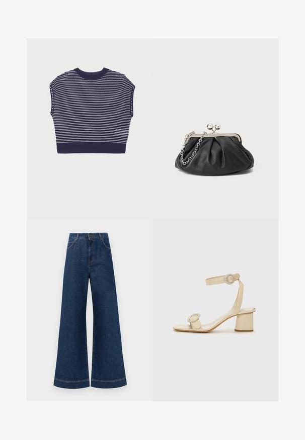 Navy blue cropped sweater with short sleeves, featuring a horizontal striped pattern in white. Soft knit texture and ribbed collar and hem.; Wide-leg blue denim jeans with a high waist, featuring a button closure, belt loops, and subtle stitching details along the pockets and hems.; Beige high-heeled sandals with a minimalist design, featuring two circular accents and a chunky heel. Made from smooth leather.; Black leather clutch with gathered texture, silver-tone metal frame, kiss-lock closure, and chain strap. Smooth, soft surface.