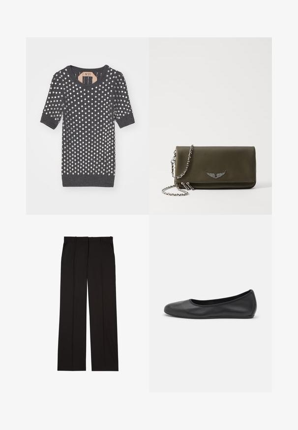Sivi pleteni top s kratkim rukavima i okruglim izrezom, ukrašen brojnim srebrnim metalnim zakovicama po površini.; Crne krojene hlače izrađene od glatkog materijala, s ravnim krojem i dva bočna džepa. Elegantna i minimalistička konstrukcija.; Crne kožne baletanke s zaobljenim vrhom, glatke teksture, minimalnim detaljima šavova i fleksibilnim dizajnom potplata.; Maslinasto zelena kožna torbica s metalnim naglaskom u obliku krila, koja ima lanac kao remen i zatvaranje na munju, glatke teksture i pravokutnog oblika.