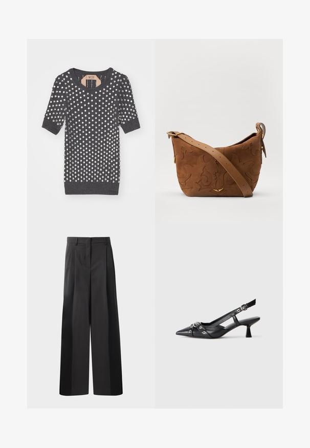 Szary dzianinowy top z krótkimi rękawami i okrągłym dekoltem, ozdobiony licznymi srebrnymi metalowymi ćwiekami rozmieszczonymi na całej powierzchni.; Czarne szerokie spodnie z wysokim stanem, z przodu z fałdami, o gładkiej fakturze i dopasowanym wykończeniu. Zaprojektowane z myślą o luźnym kroju.; Czarne skórzane buty typu slingback z ostrym noskiem, ozdobnymi paskami z metalowymi oczkami oraz niskim klinowym obcasem. Teksturowana powierzchnia.; Brązowa zamszowa torba na ramię z wytłoczonym kwiatowym wzorem, uzupełniona gładkim, brązowym skórzanym paskiem i akcentami w kolorze złota.