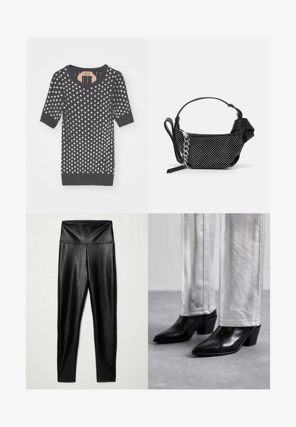 Gray knitted top featuring short sleeves and round neckline, adorned with numerous silver metallic studs across the surface.; Black faux leather leggings with a high waistband, featuring a smooth texture and a fitted silhouette, extending to ankle length.; Black leather ankle boots with a pointed toe and block heel, paired with shiny silver pants, showcasing sleek textures and contrasting colors.; Black handbag with a textured design, adorned with silver studs and a chunky silver chain strap. Features a sleek, minimalist shape.