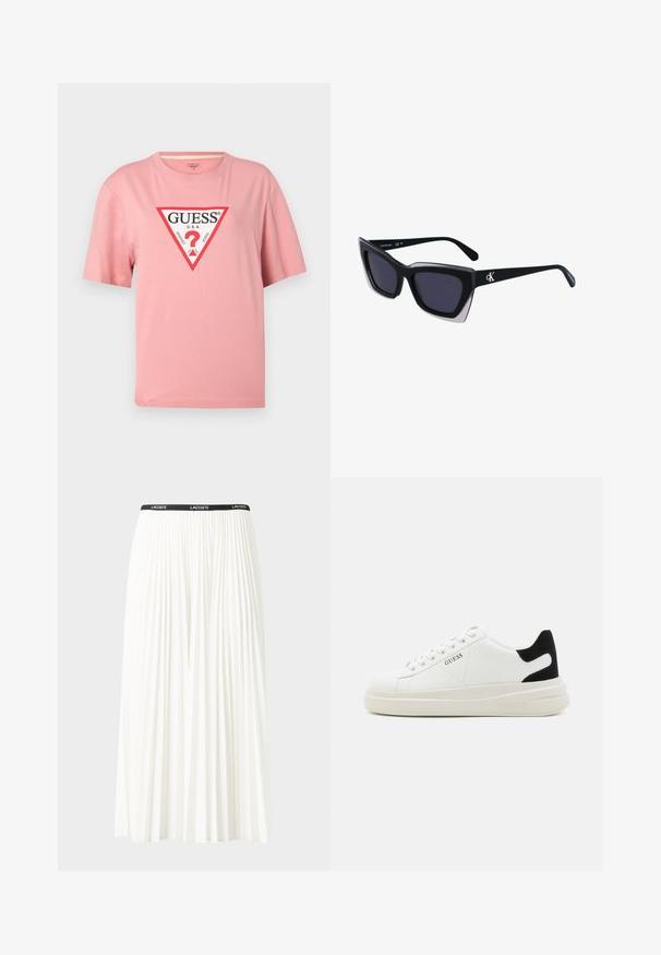 Rožinės spalvos medvilninė marškinėliai trumpomis rankovėmis ir apvalia iškirpte. Priekyje yra ryškus juodas ir raudonas trikampis logotipas.; Pleated balta sijonas su juodu elastiniu juosmeniu, ant kurio yra "LACOSTE" logotipas. Vidutinio ilgio dizainas su švelnia tekstūra.; Baltos odinės sportbačiai su storu baltu padu, juodu nubuko kulno akcentu ir iškilmingu logotipu šone. Su raišteliais, turinčiais šešis akinius.; Juodos didelės saulės akinių su geometrine forma, turinčiais tamsius objektyvus ir kontrastingą pilką detalę ant rėmelio. Logotipas ant šalon.