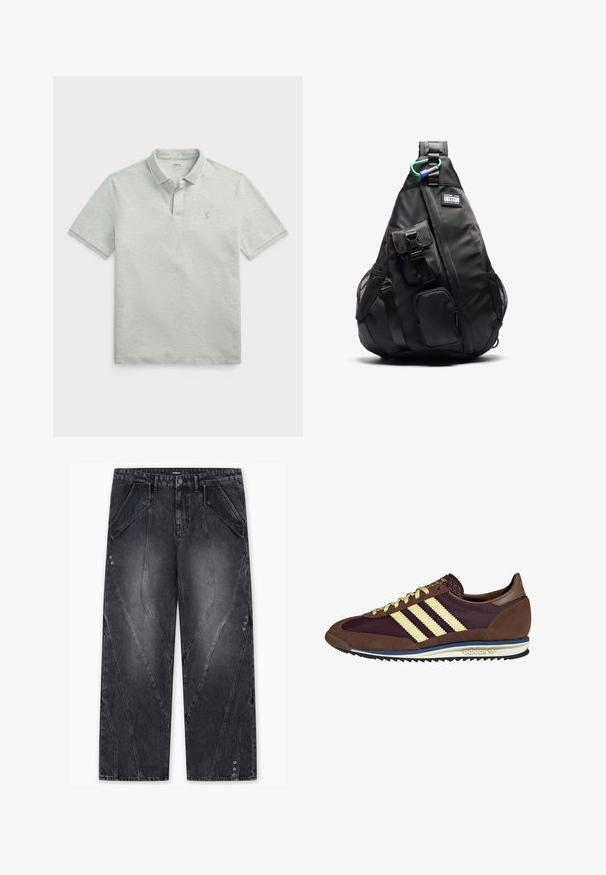 Camisa polo masculina em cinza claro com riscas horizontais finas. Apresenta um colarinho clássico e um pequeno logótipo bordado no peito.; Jeans de denim pretos de perna larga com detalhes de costura únicos, acabamentos em metal e uma textura desbotada.; Sapatilhas castanhas e burgundy com materiais em camurça e malha, apresentando três riscas cremes, tecido texturizado na lingueta e sola de borracha.; YOURTURN UNISEX - Mochila - black