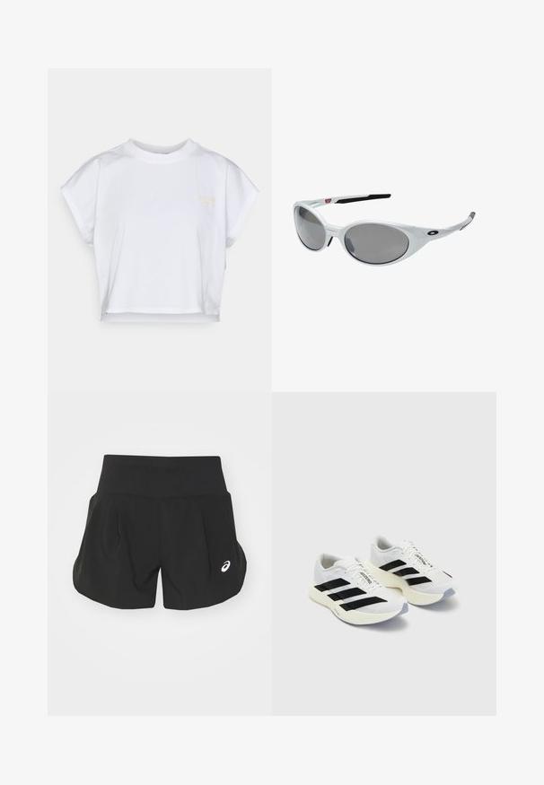Valkoinen lyhythihainen puuvillatoppi, jossa on pyöreä kaula-aukko, lyhyet hihat ja pieni keltainen logo edessä. Tasainen muotoilu, ei kuvioita.; Mustat urheilushortsit, joissa on leveä vyötärönauha, laskostettu muotoilu ja pieni valkoinen logo vasemmalla alakulmassa. Pehmeä, kevyt materiaali.; Valkoiset urheilukengät mustilla raidoilla ja brändäyksellä, joissa on verkkomateriaali, pyöreä kärki ja paksu kermanvärinen pohja pehmusteena.; Valkoiset muoviset aurinkolasit suurilla soikeilla linsseillä, harmaasävyiset. Varusteena mustat korvavarret ja pieni logo kehyksessä. Sileä pinta.