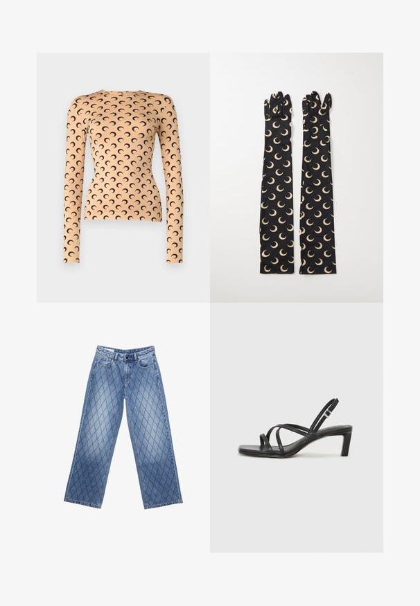 Dolga majica z dolgimi rokavi iz elastičnega materiala v svetlem breskvenem odtenku, s črnim motivom lunarne glažave po vsej površini in okroglo ovratnico.; Široke denim hlače v svetlo modri barvi z izbito rombasto teksturo, ki imajo pet žepov in gumbasto zapiranje na pasu.; Črne natikače s trakovi in kvadratnim prstom ter nizkim blokastim peto. Imajo več tankih trakov in nastavljiv trak okoli gležnja. Narejene so iz gladkega usnja.; Črne tkaninske rokavice s sleek, dolgim dizajnom, ki vsebuje vzorec smetanastih polmesec. Gladka tekstura z dobro prilegajočimi konicami prstov.