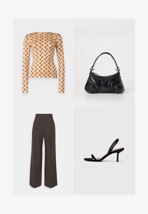 Langsleeve top van rekbare stof in licht perzik met een zwart halve maanpatroon overal en een ronde halslijn.; Donkerbruine wijde broek met een hoge taille, voorzien van strak geplooide plooien, een zachte textuur en een op maat gemaakte pasvorm.; Zwarte suede dames hooggehakte sandaal met smalle bandjes en een gouden gesp op een witte achtergrond, zijaanzicht.; Zwarte handtas van gestructureerd leer met een afgeronde vorm. Beschikt over een dunne schouderband en decoratieve reliëfpatronen.