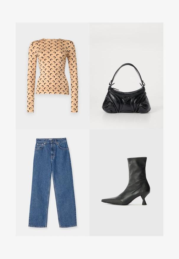Pikkade varrukatega top, mis on valmistatud venivast kangast heleses tone, millel on musta poolkuu muster kogu ulatuses ja ümmargune kaelus.; Sinised teksad laia jalaga lõikega, klassikalise viie-taskuga disainiga ja metallist detailidega. Kangas on veidi kulunud.; Must have mustanahu reisimust madalvarvastega saapad, terava varbaga, tekstuurse varba kattega ning kitsaste, koniliste kontsadega. Sile pind, millel on delikaatsed õmblused.; Musta kott, mis on valmistatud tekstureeritud nahast ja omab ümarat kuju. Sellel on õhuke õlarihm ja dekoratiivsed reljeefmustrit.