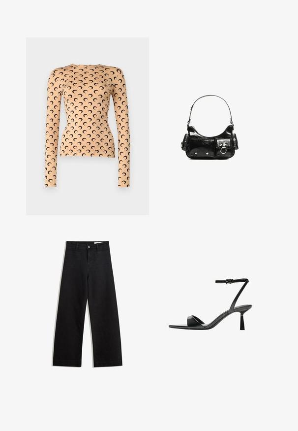 Hosszú ujjú felső rugalmas anyagból, világos őszibarack színben, fekete félhold mintával az egész felületen és kerek nyakkivágással.; Fekete, bő szabású farmernadrág magas derékkal, elülső és hátsó zsebekkel, varrott felületekkel és gombos záródással. Sima textúra.; Bershka Magas sarkú szandálok - black; Fekete lakkbőr kézitáska ívelt formával, egy vállpánttal, elülső zsebekkel és ezüstszínű fémrészletekkel.