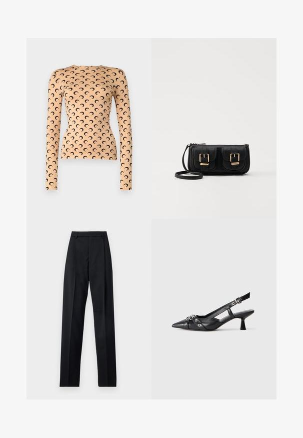 Long-sleeve top made of stretchy fabric in light peach with a black crescent moon pattern throughout and a round neckline.; Black trousers made from smooth fabric featuring a high waist, wide legs, front pleats, and classic belt loops. No side pockets visible.; Black leather slingback shoe with a pointed toe, decorative straps featuring metal eyelets, and a low block heel. Textured surface.; Black leather crossbody bag with two front pockets, gold buckles, zipper closure, and a slim strap. Textured surface and compact rectangular shape.
