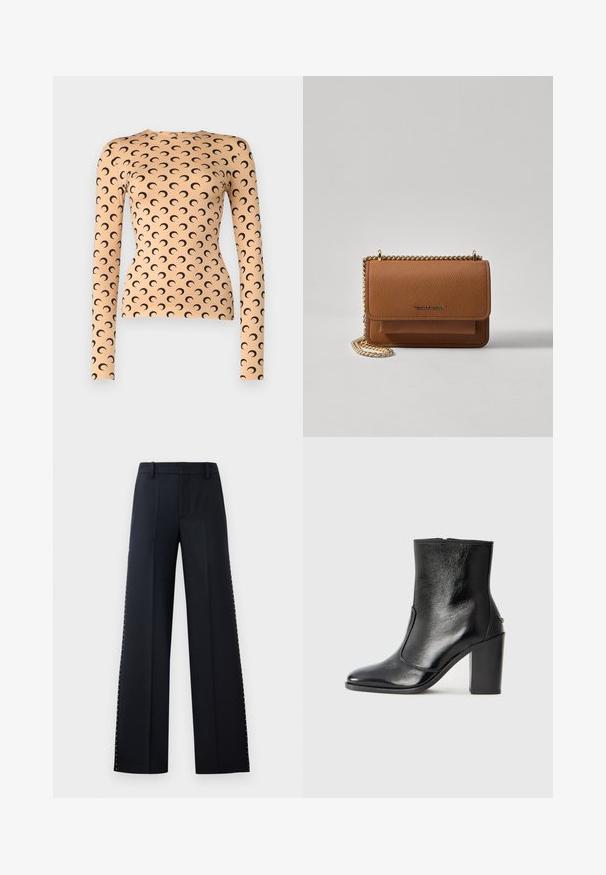 Top de manga comprida feito de tecido elástico em pêssego claro com um padrão de lua crescente preta por todo o lado e um decote redondo.; Calças de perna larga em preto. Corte ajustado com uma textura suave. Apresenta uma fileira de tachas metálicas ao longo das costuras laterais para detalhe.; Bota ankle preta em pele com uma textura suave, bico fino e um salto alto robusto. Apresenta uma abertura lateral e um design minimalista.; Bolsa crossbody de couro texturizado castanho com alça de corrente dourada e fecho com aba. A parte da frente apresenta detalhe do logótipo e um bolso sob a aba.