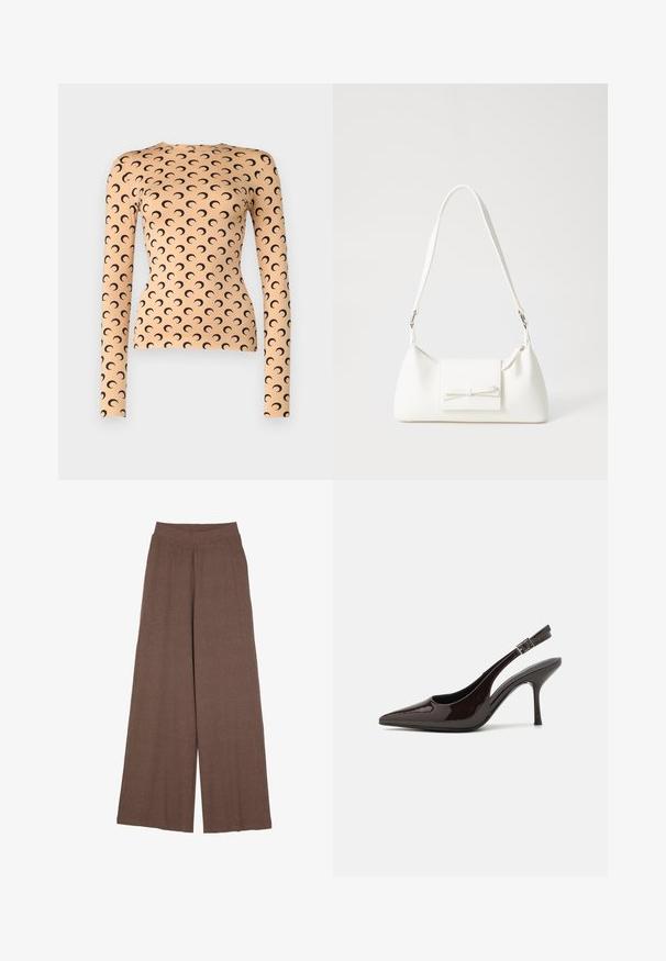 Langärmliges Oberteil aus dehnbarem Stoff in zartem Pfirsich mit einem schwarzen Halbmondmuster und Rundhalsausschnitt.; Weite Hosen aus einem strukturierten, gerippten Stoff in warmem Braun. Mit einem nahtlosen Bund und fließender Silhouette.; Slingback-Pumps aus glänzendem dunklen braunen Lackleder, mit spitzer Zehenpartie, offenen Seiten und verstellbarem Knöchelriemen.; Weiße synthetische Handtasche in dreieckiger Form, flache Vorderklappe und Schleifendetail, verstellbarer Trageriemen, glatte Textur und minimalistisches Design.