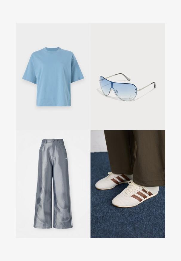 Tricou scurt din bumbac, de culoare albastru deschis, cu mânecă scurtă, având un guler rotund și un mic logo pe piept. Croială lejeră, cu o textură netedă.; Pantaloni cu picioare largi din material lucios gri, având dungi laterale albe și un model cu flăcări pe picioarele inferioare. Închidere cu nasture și fermoar la talie.; Adidași albi cu dungi maro purtați cu pantaloni maro pe un covor albastru.; Ochelari de soare aviator cu lentilă gradient albastră, ramă metalică argintie și accente decorative sub formă de stele pe lentilă. Design neted și elegant.