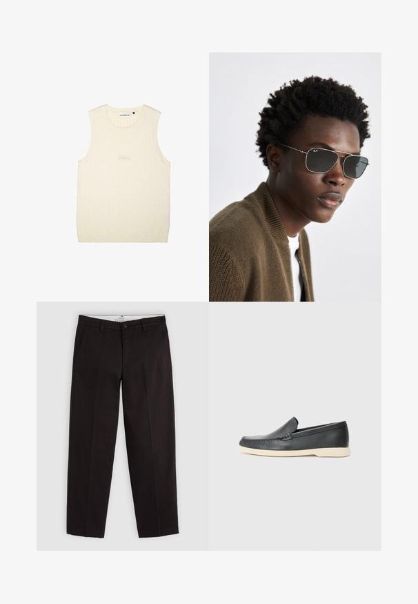 Top sin mangas de color crema, confeccionado en tejido acanalado, con cuello redondo y sutil logotipo bordado en el frente.; Chinos negros de pierna recta con trabillas para cinturón, cierre de botón y bolsillos laterales, exhibidos sobre un fondo gris claro.; Mocasines de piel negra sin cordones con un acabado texturizado y una suela de goma beige en contraste. Presentan un sutil acento en la parte frontal.; Gafas de sol con un marco de metal plateado, forma de aviador y lentes oscuros. Combinadas con una chaqueta bomber marrón con textura acanalada.