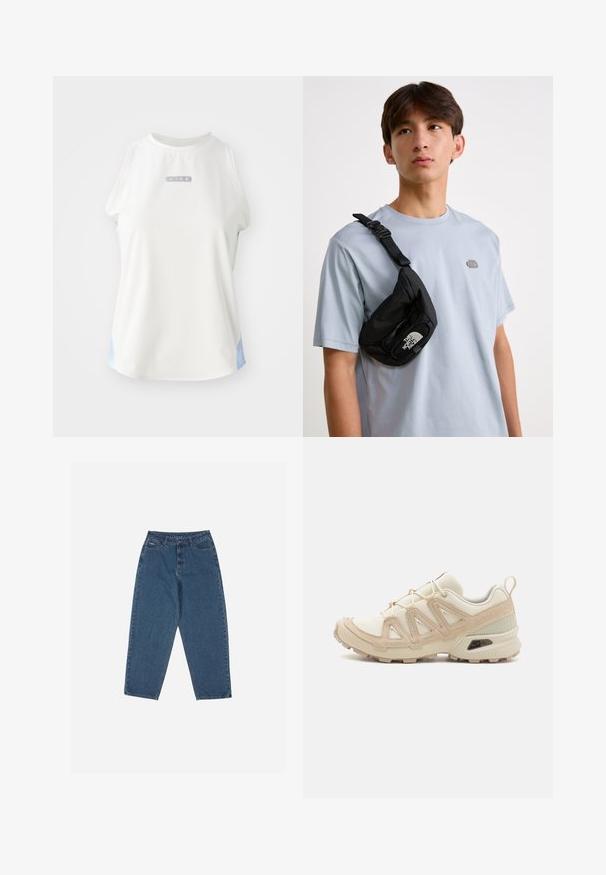 Valge ilma varrukateta Nike särk ümmarguse kaelusega, millel on hõbedane logo ja helesinised aktsendid külgedel. Sile, sportlik kangastekstuuri.; Sinised teksased, mis on lõdva lõikega, kõrge vöökohaga, viie tasku disainiga ja õmblusaktsentidega. Omab nupuga ja tõmblukuga sulgemist.; Beež ja koobalti spordijalats tekstureeritud võrkkattega, toetavad ülemised kihid ja kummist tallaga, millel on mustriga joonistus haardeks.; Must musta rihma kott, millel on reguleeritav rihm ja silmapaistev valge logo. Kandmine helesinise T-särgi peal. Lihtne ja funktsionaalne disain.