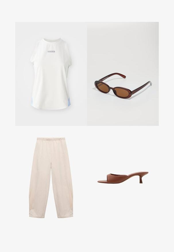 Bílý bezrukávový top Nike s kulatým výstřihem, který má stříbrné logo a světle modré akcenty po stranách. Hladká, sportovní textilie.; Kalhoty s elastickým pasem v světle béžové. Vyrobené z měkké tkaniny s bočními kapsami a uvolněným, volným střihem. Zúžené u kotníků.; Hnědé sandály na podpatku s otevřenou špičkou a hladkým, matným povrchem, které mají zakřivený design a průhledný, zúžený podpatek.; Kulaté sluneční brýle hnědé barvy s lesklým burgundským rámem. Úzké nožičky s jemným logem. Rovné čočky.
