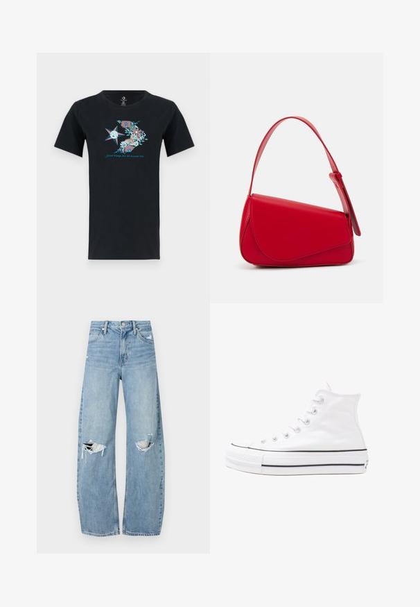 Must vaid prindiga must puuvillane T-särk, millel on värvikas lillede ja tähtede muster, ning all grafika juures tekst "Head asjad on su ümber".; Heledad hallideega sinised teksad, millel on kõrge talje. Teksade jalgadel on lai alus, kaks rebitud kohta põlvede ümber ning klassikaline viie tasku stiil.; Valge kõrgem kangast tenniseking, millel on must kummist tald, ees kummist varvasetugi ja kuus aukku paelte jaoks, pakkudes puhta ja minimalistliku disaini.; Punane nahast käekott, millel on nurkadega geomeetriline disain. Omab ühte reguleeritavat rihma ja klappidega sulgemist, millel on õmblustega kaunistused.