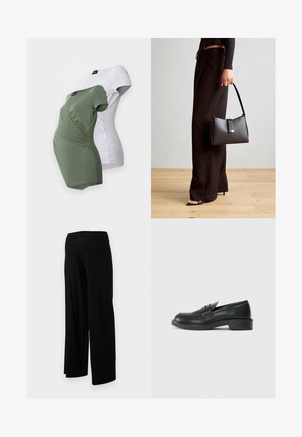 Těhotenské trička v olivově zelené a světle šedé barvě. Obě mají krátké rukávy, wrap design a na bocích řasení.; Černé kalhoty s širokými nohavicemi, elastickým pasem a hladkou, pružnou texturou. Mají jednoduchý design, bez vzorů nebo ozdob.; Černé kožené mokasíny s kulatou špičkou, prošitými detaily a malým podpatkem. Hladký povrch a flexibilní gumová podrážka.; Černá kabelka se strukturovaným tvarem, hladkým povrchem a kovovým uzávěrem. Kombinována s širokými černými kalhotami a sandály s otevřenou špičkou na dřevěné podlaze.