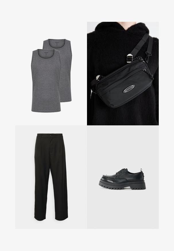 Kaks halli tanki, mis on valmistatud pehmest puuvillasegust. Omab ümmargust kaelust ja varrukateta disaini. Sile tekstuur ja regulaarne lõige.; Mustad kohandatud püksid, mis on valmistatud siledast kangast, sirge jala disainiga, ees voldidega ja ühe nupuga kinnitamisel.; Must musta nahkkingad, paksu robustse tallaga ja metallist silmadega varvaste piirkonnas, pildistatud ühevärvilise heleda tausta ees.; Musthave musta nailonkott rihmaga, millel on reguleeritav rihm, siledapinnaline tekstuur, eespool tõmblukuga tasku ja logo aktsent.