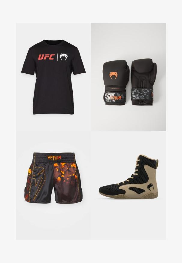 Čierne bavlnené tričko s krátkymi rukávmi. Na prednej strane má červené logo "UFC" a bielu grafiku hada. Má okrúhly výstrih a hladký materiál.; Čierne a oranžové šortky Venum s lesklým povrchom, kontrastnými maskáčovými vzormi a elastickým pásom s detailom loga.; Vysoké športové topánky s čiernou sieťovinou a béžovými akcentmi. Štruktúrovaná gumová podrážka a detail loga na boku.; Čierne boxerské rukavice s matným povrchom a ergonomickým dizajnom. Oranžové logo a manžety s maskáčovým vzorom.