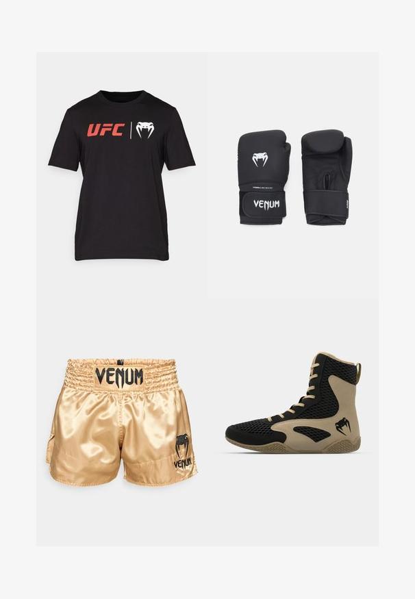 Černé bavlněné tričko s krátkým rukávem. Na přední straně se nachází červené logo "UFC" a bílá grafika hada. Kulatý výstřih, hladký povrch.; Zlaté saténové boxerské šortky s černým logem "VENUM" na pásku a po stranách, s hladkým povrchem a elasticitou pasu pro pohodlí.; Vysoké sportovní boty s černou síťovinou a béžovými akcenty. Texturovaná gumová podrážka a detail loga na boku.; Černé boxerské rukavice s hladkým povrchem, zdobené bílým logem Venom a nastavitelným suchým zipem pro bezpečné upevnění.