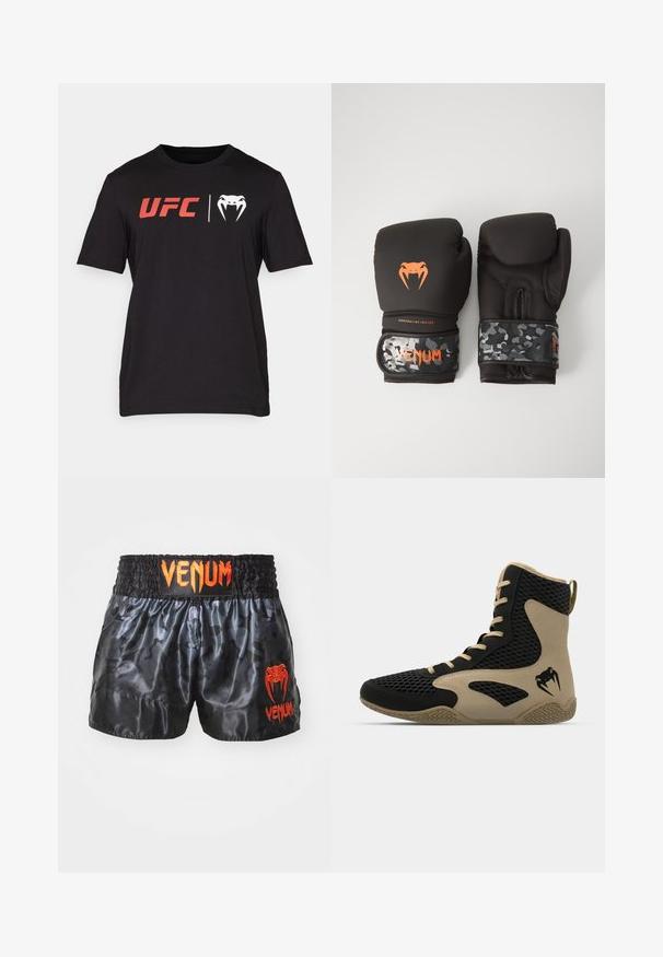T-shirt de algodão preto com mangas curtas. Apresenta o logo vermelho "UFC" e uma gráfica de cobra branca na parte da frente. Decote redondo, textura suave.; Calças de boxe em cetim preto com um padrão de camuflagem, apresentando uma cintura elástica e o logo "VENUM" em laranja brilhante na parte da frente.; Sapatilha desportiva de cano alto com um exterior em malha preta e detalhes em bege. Sola de borracha texturada e detalhe do logótipo na lateral.; Luvas de boxe pretas com acabamento mate e design ergonómico. Detalhes do logótipo em laranja e tiras de pulso com padrão de camuflagem.