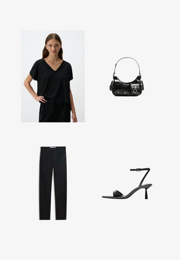 Jonge vrouw met lang bruin haar draagt een losse zwarte V-hals korte mouwen top en zwarte onderkleding, terwijl ze met één hand op haar heup staat.; Zwarte denimbroek met een recht silhouet, vijf zakken, metalen knoopsluiting en subtiele stikdetails. Gladde textuur.; Bershka Sandalen met hoge hak - black; Zwarte laarzen in lakleer met een gebogen vorm, één schouderband, voorvakken en accenten in zilverkleurig metaal.