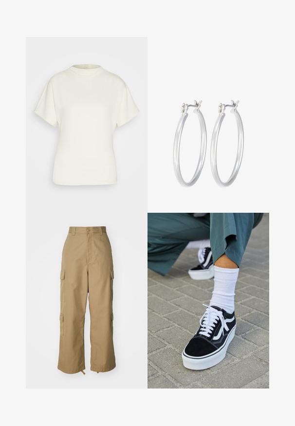 Korte ærmer i en cremede farve lavet af blødt stof, med rund halsudskæring og afslappet pasform. Ingen synlige mønstre eller udsmykninger.; Beige cargo bukser med høj talje, brede ben og fire store sidelommer. Fremstillet af slidstærkt stof med en glat tekstur og minimal detaljering.; Sorte ruskinds sneakers med hvide accenter og snørebånd, der har en tyk hvid sål og kontrasterende syninger, parret med en hvid sok.; Sølv hoop øreringe med en glat, poleret overflade. Rund form og sikker klik-lukning. Letvægtsdesign, der er velegnet til hverdagsbrug.
