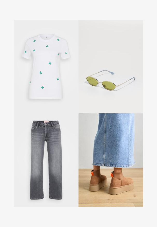 Balta medvilninė marškinėliai, puošti daugybe žalių kaktusų siuvinėjimų su rožinėmis gėlėmis. Trumpomis rankovėmis ir apvaliu kaklu.; Pilki džinsai su tiesiais džinsinių kojų dizainu, penkių kišenių stiliumi, subtiliu išblukimu ir sagčių uždarymu ties juosmeniu.; Rudos zomšiniai platforminiai batai su elastingomis šoniniais panirais ir oranžinėmis kilpomis, derinami su kelio ilgio šviesių džinsų sijonu ant medinių grindų.; Alyvos spalvos saulės akiniai su plonu auksiniu rėmu ir mėlynais akcentuotais šonais. Ovalūs objektyvai ir minimalistiškas dizainas.