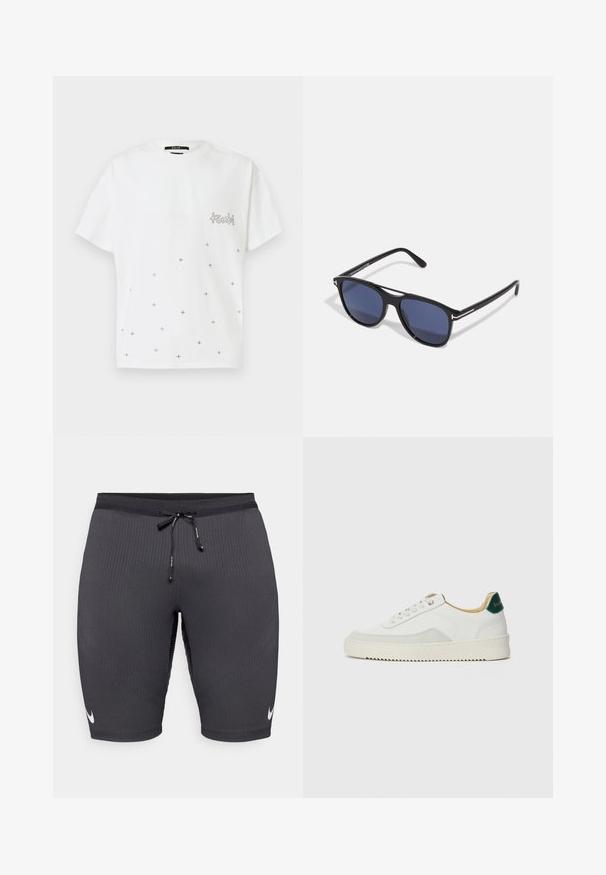 Biała bawełniana koszulka z krótkim rękawem, z logo na piersi i rozproszonym wzorem małych metalicznych krzyży.; Czarne szorty sportowe z żebrowanej tkaniny, posiadające elastyczny pas z sznurkiem i małe białe logo Nike po lewej stronie.; Białe trampki z zamszowymi akcentami, zaokrąglony czubek, płaskie sznurowadła i kremowa gumowa podeszwa. Posiadają zielone logo na pięcie.; Okulary przeciwsłoneczne z czarną plastikową oprawką, niebieskimi szkłami, lekko zaokrąglonym kształtem oraz srebrnymi metalowymi akcentami na zausznikach.