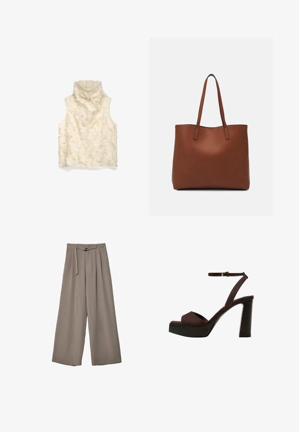 Ärmelloses Rollkragenoberteil in Creme, mit einer strukturierten Oberfläche und fransigen Details. Weicher Stoff mit lockerer Passform, keine Verschlüsse oder Verzierungen.; Weite Hose aus einem weichen, gedämpften grauen Stoff, mit einem taillierten Bund und Falten für zusätzliche Design-Details. Glatte Textur, keine Muster.; Braune Wildleder-Pumps mit offenem Zeh, verstellbarem Knöchelriemen und gestreiftem Plateausohlen.; Braune Leder-Tote mit glatter Textur, offenem Oberteil und zwei Schulterriemen. Verfügt über minimale Nähte und keine sichtbaren Beschläge.