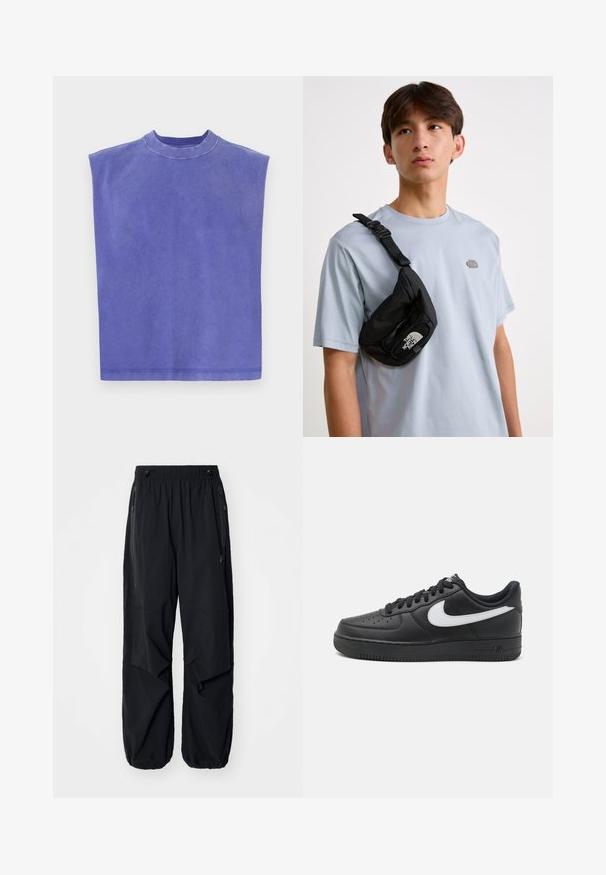 Fioletowa kamizelka bez rękawów, wykonana z miękkiej bawełny. Posiada okrągły dekolt i luźny krój, z delikatnie wyblakłą teksturą i czystym wykończeniem. ; Czarne, lekkie spodnie cargo z elastycznym pasem, bocznymi zamkami błyskawicznymi i pojemnymi kieszeniami. Charakteryzują się luźnym krojem i zwężanymi mankietami.; Czarne sneakersy Nike Air Force 1 z gładką skórzaną cholewką, białym akcentem logo, perforowanymi palcami oraz teksturowaną gumową podeszwą.; Czarna nylonowa torba na ramię z regulowanym paskiem, z wyraźnym białym logo. Nosi się ją na jasnoniebieskiej koszulce. Prosty, funkcjonalny design.