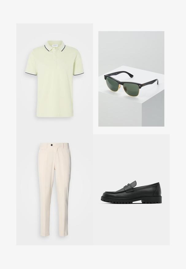 Jasnożółta koszulka polo wykonana z bawełny, z czarno-białym paskowanym kołnierzykiem, z trzema guzikami i krótkimi rękawami.; Beżowe spodnie o dopasowanym kroju z płaskim przodem, z zapięciem na jeden guzik i dwoma ukośnymi bocznymi kieszeniami. Gładki materiał, wąski krój i zwężająca się nogawka.; Czarne skórzane mokasyny z zaokrąglonym noskiem, posiadające przeszywany wzór, niską platformę oraz teksturowaną, gumową podeszwę z bieżnikiem.; Okulary przeciwsłoneczne Ray-Ban z zielonymi soczewkami, czarnymi plastikowymi oprawkami i złotymi akcentami na krawędziach. Kwadratowy kształt z matowym wykończeniem.