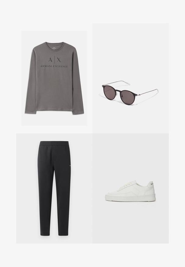Pikkade varrukatega hall T-särk pehmest kangast, millel on ümmargune kaelus. Eesmine graafika sisaldab tumedates kirjas teksti "A|X ARMANI EXCHANGE".; Mustad jogger pants pehmest kangast, millel on elastne vöökoht, sirged sääred ja üks väike logodetail küljel.; Valge nahast tennis, millel on sile põhi, ümar varvas, lamedad nöörid ja tekstuuriline tall. Sisaldab diskreetset logo kontsaribal.; Mustad mustad prillid tumedate läätsedega ja õhukeste metallist käepidemetega. Kaarja kujuga seljaosa ja hõbedased aktsendid hingel. Minimalistlik disain.
