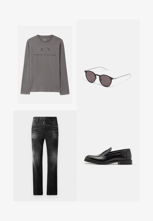 Dlhý rukáv šedé tričko vyrobené z jemného materiálu s okrúhlym výstrihom. Predná grafika obsahuje nápis "A|X ARMANI EXCHANGE" tmavým písmom.; Čierne denimové džínsy so štandardným strihom. Obsahujú vyblednuté oblasti, drobné opotrebenie, klasický dizajn s piatimi vreckami a zapínanie na gombík.; Čierne kožené mokasíny s hladkou textúrou, zaoblenou špičkou a dekoračným pásikom cez priehlavok. Nízky vrstvený opätok, minimalistický dizajn.; Čierne okrúhle slnečné okuliare s tmavými sklami a tenkými kovovými ramenami. Obsahujú priehľadné konce rámov a strieborné akcenty na pántoch. Minimalistický dizajn.