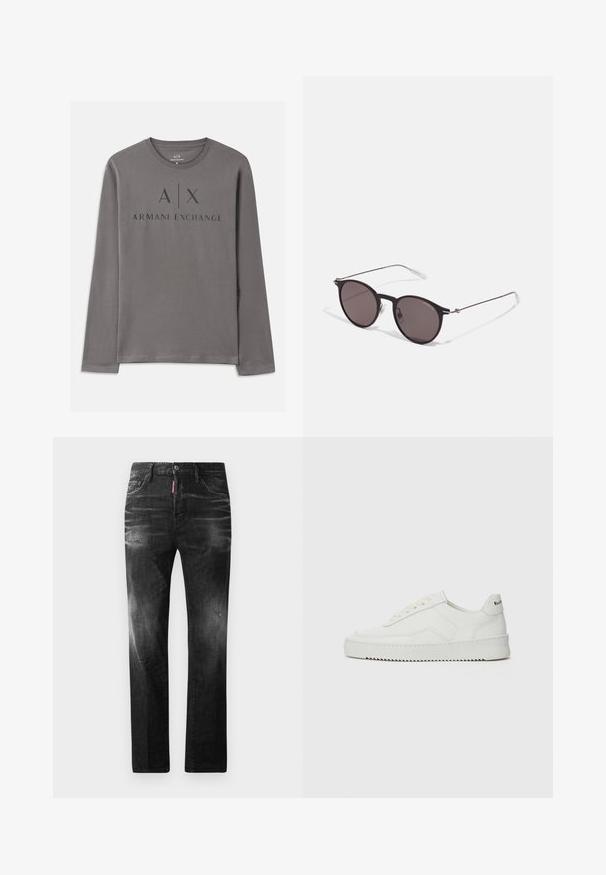 Long-sleeve gray t-shirt made of soft fabric featuring a crew neck. Front graphic includes “A|X ARMANI EXCHANGE” in dark lettering.; Black denim jeans with a straight fit. Features faded areas, minor distressing, classic five-pocket design, and a button closure.; White leather sneaker with a smooth finish, round toe, flat laces, and a textured sole. Features a subtle logo on the heel.; Black round sunglasses with dark lenses and slim metal arms. Includes clear temple tips and silver accents at the hinge. Minimalist design.