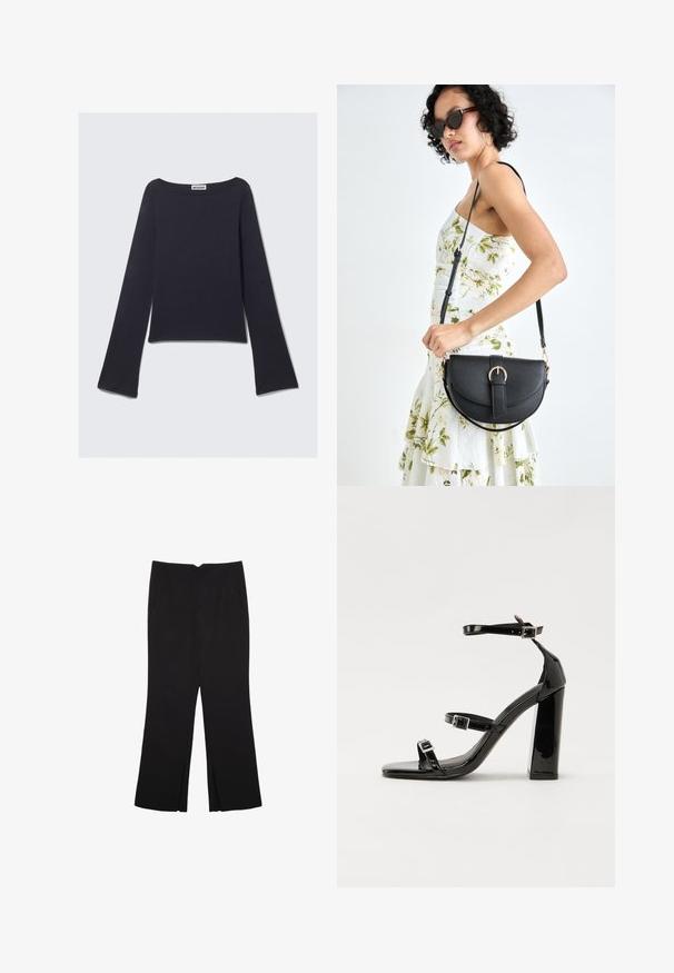 Dunkelblaues Langarm-Top mit weitem Ausschnitt und ausgestellten Ärmeln. Aus glattem Textil gefertigt, mit figurbetontem Schnitt und minimalistischem Design.; Schwarze Hose mit geradem Schnitt, ausgestattet mit Fronttaschen und Seitenschlitzen am Saum. Hergestellt aus weichem, glattem Stoff. Geeignet für verschiedene Anlässe.; Schwarze patentierte Sandalen mit Absatz, quadratischer Spitze, Knöchelriemen und silbernen Schnallen. Mit einem stabilen Blockabsatz für mehr Stabilität.; Schwarze Lederhandtasche mit geschwungener Form, abnehmbarem Tragegurt und goldenen Beschlägen. Die Tasche verfügt über einen Deckel mit einer Schnallen-Details.