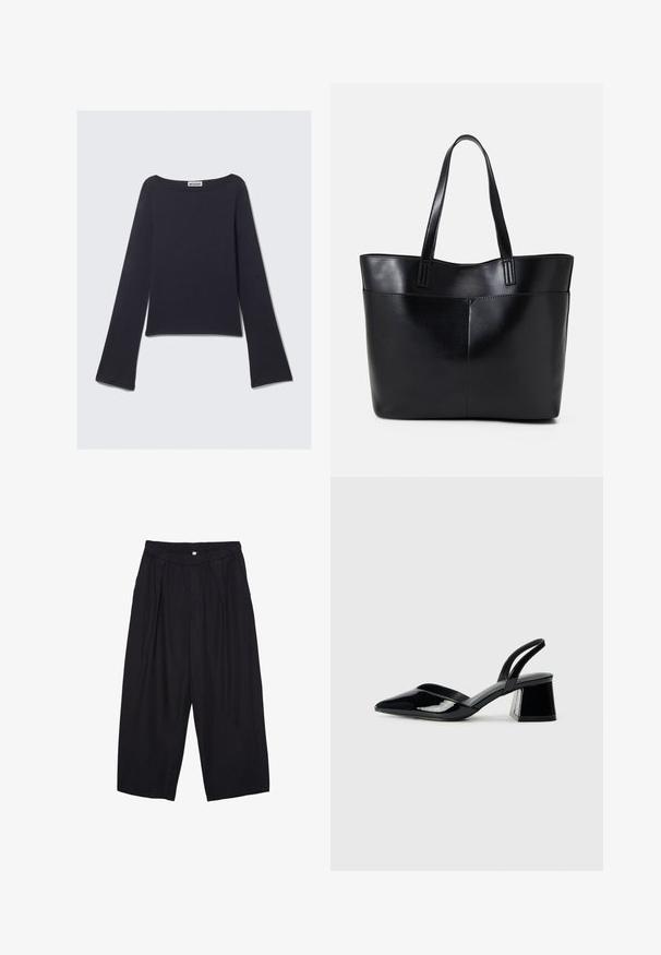 Tmavě modrý top s dlouhým rukávem, širokým výstřihem a rozšířenými rukávy. Vyroben z hladkého textilu, má přiléhavý střih a minimalistický design.; Černé polyesterové culotte kalhoty s elastickým pasem, dvěma předními sklady a volným siluetou. Žádné viditelné vzory ani kovové detaily.; Černé lakované kožené lodičky na pásku s špičatou špičkou a geometrickým blokovým podpatkem. Vyznačují se elegantním, minimalistickým designem a hladkým povrchem.; Černá kožená taška s dlouhými ušima, hladkým povrchem a strukturovaným tvarem. Obsahuje přední kapsu pro další úložný prostor.