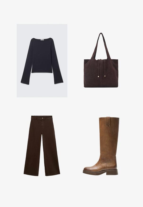 Dark blue long-sleeve top with a wide neckline and flared sleeves. Made of a smooth textile, features a fitted body and minimal design.; Brown wide-leg trousers in cotton blend, featuring a frayed hem, front button closure, and classic five-pocket design. Minimalistic and versatile.; Brown leather knee-high boot with a rounded toe, textured surface, and a stacked low heel. Features a side panel and pull tab at the top.; Mango Tote bag - dark brown