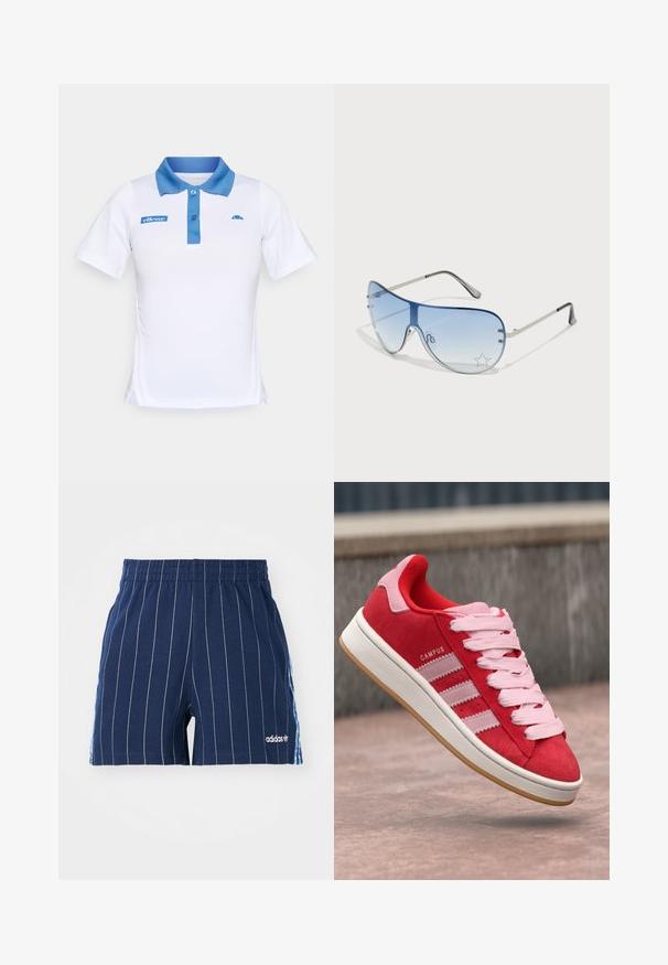 Fehér póló kék gallérral és gombos kivágással. Kék logó részletek találhatók a mellkason és az oldalon. Simára szőtt anyag.; Sötétkék, fehér csíkos rövidnadrág, elasztikus derékpánttal és Adidas logóval. Az oldalsó részeken kék részletek találhatók, pamut keverék anyagból készült.; Piros velúr sportcipő rózsaszín részletekkel, három fehér csíkkal és világos rózsaszín fűzőkkel. Fehér középtalp és gumírozott talp.; Pilóta napszemüveg, melynek áttetsző kék lencséje, ezüst fém kerete és díszes csillag díszítések találhatók a lencsén. Simogató és elegáns dizájn.