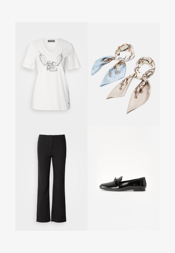 Hvid bomulds T-shirt med V-hals, der har sølvvinger og teksten "Rock & Roll" i metallisk finish. Korte ærmer og en afslappet pasform.; Sorte bomuldsblandede bukser med lige ben-design, frontknaplukning og to sidelommer. Glat tekstur, ingen synlige mønstre.; Sort laklæder loafers med flad sål, rund tå og en dekorativ rem med en guld-tonet accent. Glat, blank finish.; Anna Field 2 PACK - Tørklæde / Halstørklæder - blue/pink