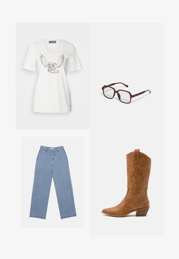 White cotton V-neck t-shirt featuring silver wings and "Rock & Roll" text in a metallic finish. Short sleeves and a relaxed fit.; Light blue wide-leg jeans made of denim. Features a high waist, button closure, and visible stitching. No pockets are visible on the front.; Tan leather cowboy boot with pointed toe, embroidered swirl patterns on shaft, and a stacked block heel. Features a pull tab for easy wear.; Brown, rectangular eyeglasses with transparent lenses and purple tints. Smooth plastic frame with straight temples and subtle accents.
