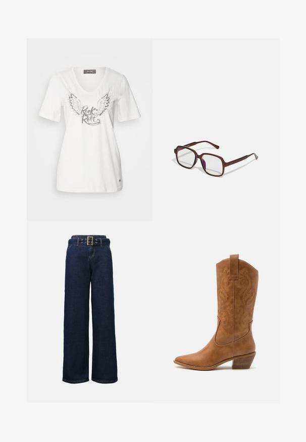 Witte katoenen V-hals T-shirt met zilveren vleugels en "Rock & Roll" tekst in een metallic afwerking. Korte mouwen en een relaxed fit.; Donkerblauwe wijde denim broek met gestikte zakken en een bijpassende riem met een grote rechthoekige gouden gesp.; Tan leren cowboylaars met puntige neus, geborduurde spiraalpatronen op de schacht en een gestapelde blokhak. Voorzien van een trekband voor gemakkelijke aan- en uittrekken.; Bruine, rechthoekige bril met transparante glazen en paarse tinten. Glad kunststof montuur met rechte pootjes en subtiele accenten.