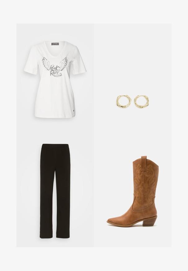 T-shirt en coton blanc avec un col en V présentant des ailes argentées et le texte "Rock & Roll" en finition métallique. Manches courtes et coupe décontractée.; Pantalons noirs à jambe droite en tissu tissé, avec une taille plate, deux poches latérales et une texture lisse. Aucuns motifs ni accents visibles.; Bottes de cow-boy en cuir tan avec un bout pointu, des motifs en spirale brodés sur la tige, et un talon bloc empilé. Équipées d'une languette pour un enfilage facile.; Boucles d'oreilles en or en forme de cerceau avec une texture et une forme irrégulière. Présentent une fermeture sans couture et une finition polie, soulignant un design moderne.