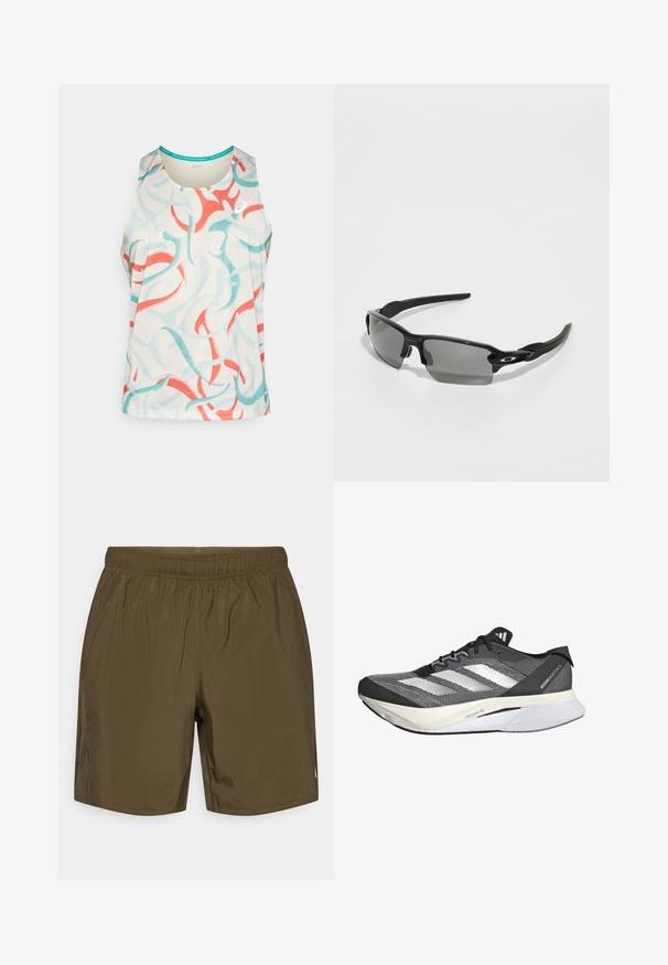 Canotta sportiva senza maniche di un colore crema chiaro, con motivi astratti blu e corallo. Realizzata in tessuto traspirante con scollatura rotonda.; Shorts sportivi verde oliva con cintura elastica, texture liscia e tasche sui lati. Presentano un piccolo logo sul lato.; Scarpa sportiva in bianco e nero con tomaia in rete, presenta tre strisce bianche, una suola prominente etichettata "LIGHTSTRIKE PRO" e un design snello.; Occhiali da sole sportivi neri con lenti grigie, design del telaio curvo e dettaglio con logo sul lato. Realizzati in materiale plastico leggero.