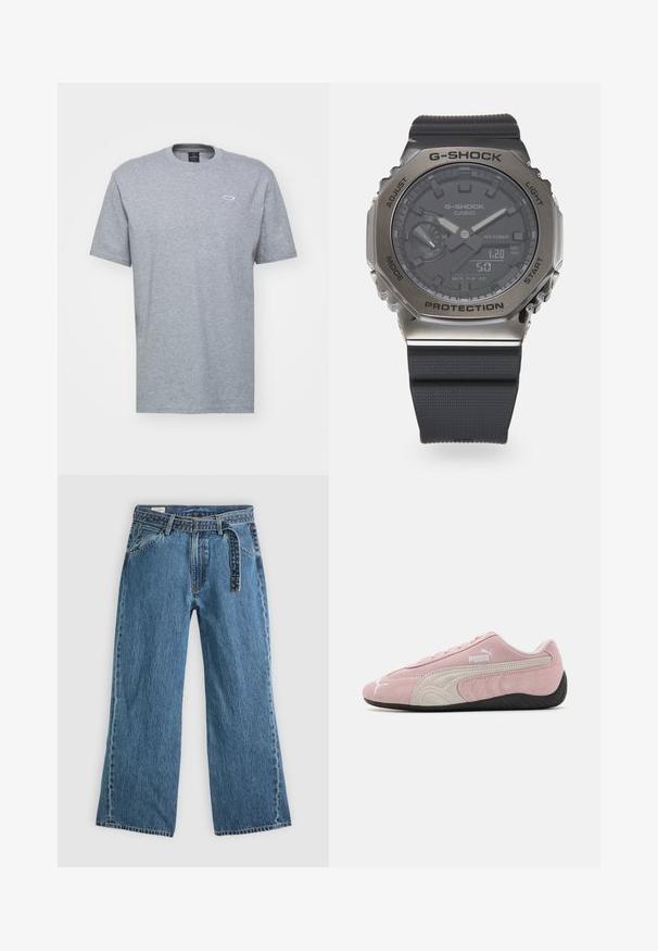 Pelēks īsām piedurknēm T-krekls, kas izgatavots no kokvilnas. Tam ir apaļa kakla izgriezums un neliels, smalkais baltais logos uz krūšu. Mīksta tekstūra.; Zilas džinsa platās kājas bikses ar pievienotu jostu, priekšējām kabatām un redzamiem šuvumiem uz vienkārša gaiša fona.; Rozā zamšādas sporta apavi ar pelēkiem akcentiem, plūstošs dizains, teksturēta virsma un melna gumijas zole. Sānos redzama Puma emblēma.; G-SHOCK rokas pulkstenis ar melnu gumijas siksnu un tumšu ciparnīcu, kas satur sudraba akcentus, digitālo displeju un aizsargājošu metāla rāmi.