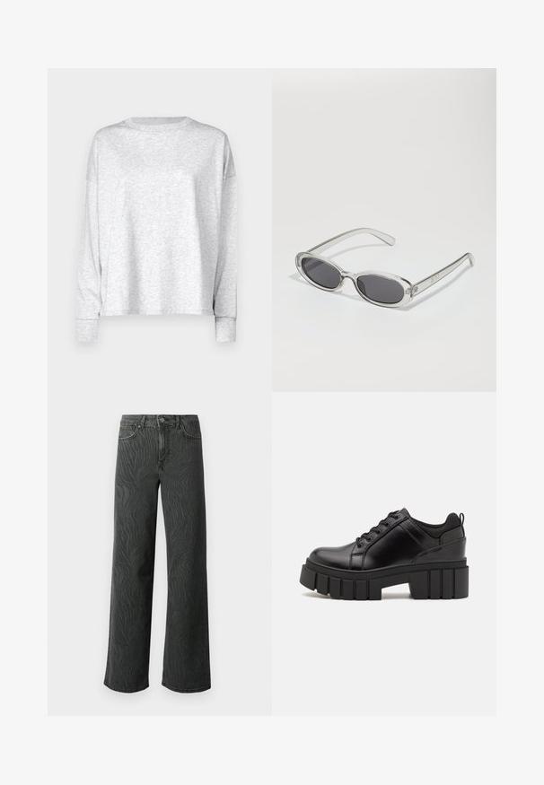 Hallimeh... hallusärgid, mis on valmistatud pehmest ja kergest kangast. Omab ümmargust kaela, madalaid õlgu ja soonikkoes varrukaid. Lihtne, minimaliistlik disain.; Laial jalgevahega teksad tumedas hallis denimis, millel on peen sablestriibuline tekstuur, kontrastne õmblemine ja viie tasku disain nupuga.; Must musta platvormsussid paksu plokkninal, ümmarguse varbaga ja traditsioonilise nööridega kinnitamisega. Sussid on sileda tekstuuriga ja minimaalsete detailidega.; Ovaalsed prillid, millel on selge plastraam, tumehallid läätsed ja õhukesed läbipaistvad sangad, kus on logode aktsendid ja minimaalne detailirohkus.